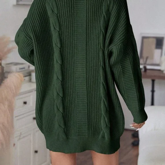 Green Casual Womens Turtleneck Cable Knit Drop Shoulder Sweater Dress - Picture 2 of 6